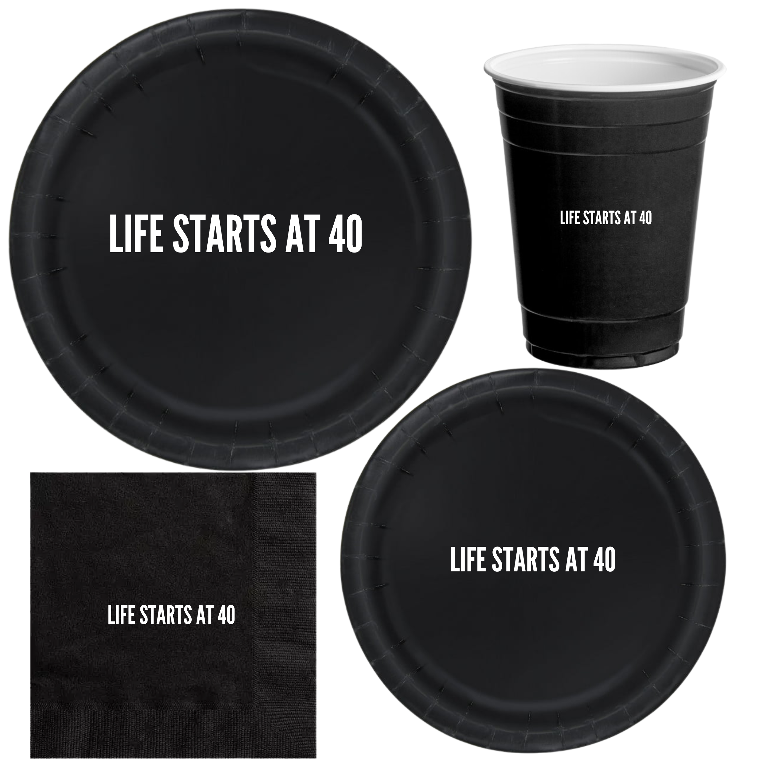 Life Starts at 40 Birthday Tableware Set | Black Plates with White Lettering | 40th Birthday Plates Cups & Napkins | 60 Piece