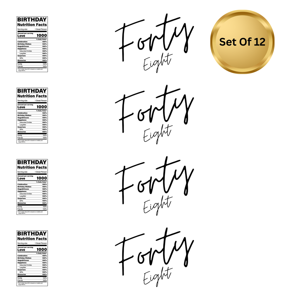 Forty Eight Birthday Water Bottle Labels | Set Of 12 | Elegant Milestone Party | Drink Wrap Favors | Custom