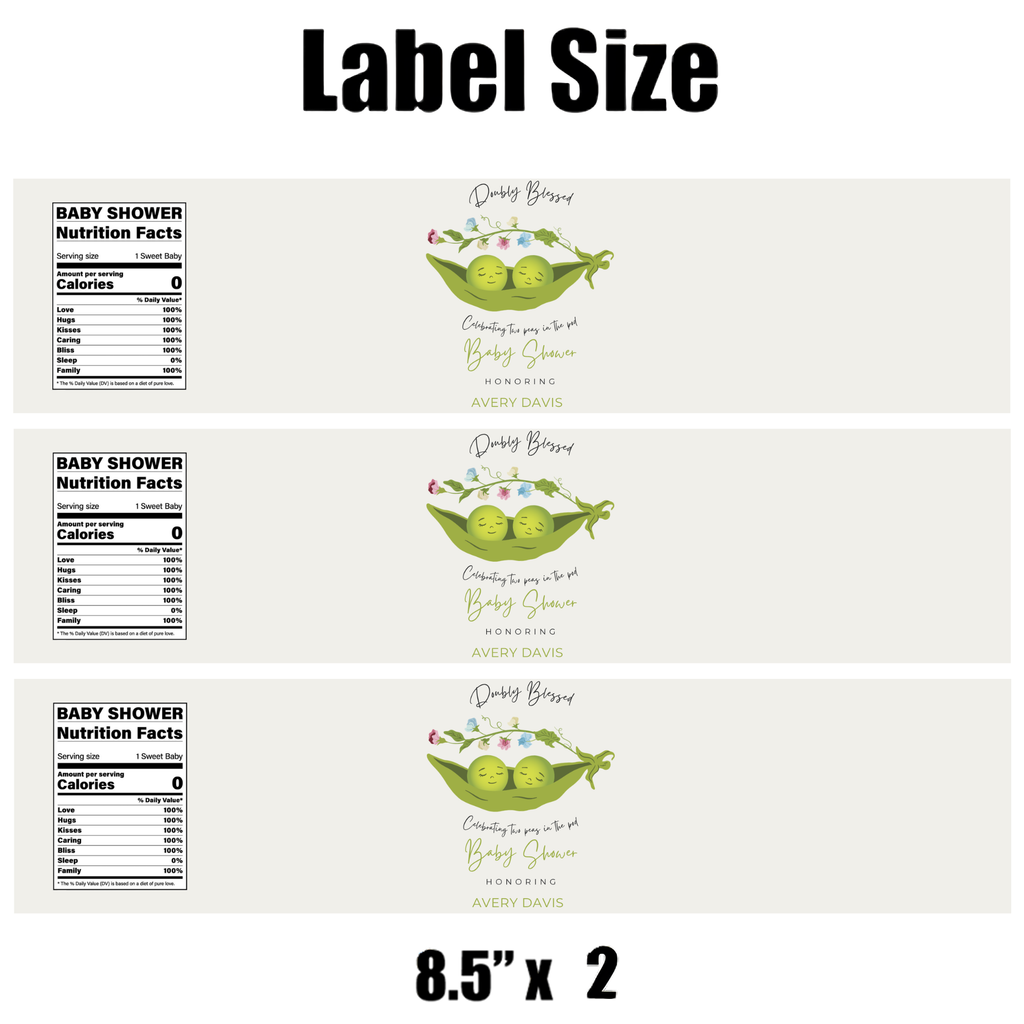 Doubly Bless Twin Baby Shower Water Bottle Labels | Personalized Name | Sweet Pea Theme | Baby Shower Decor | Party Drink Labels