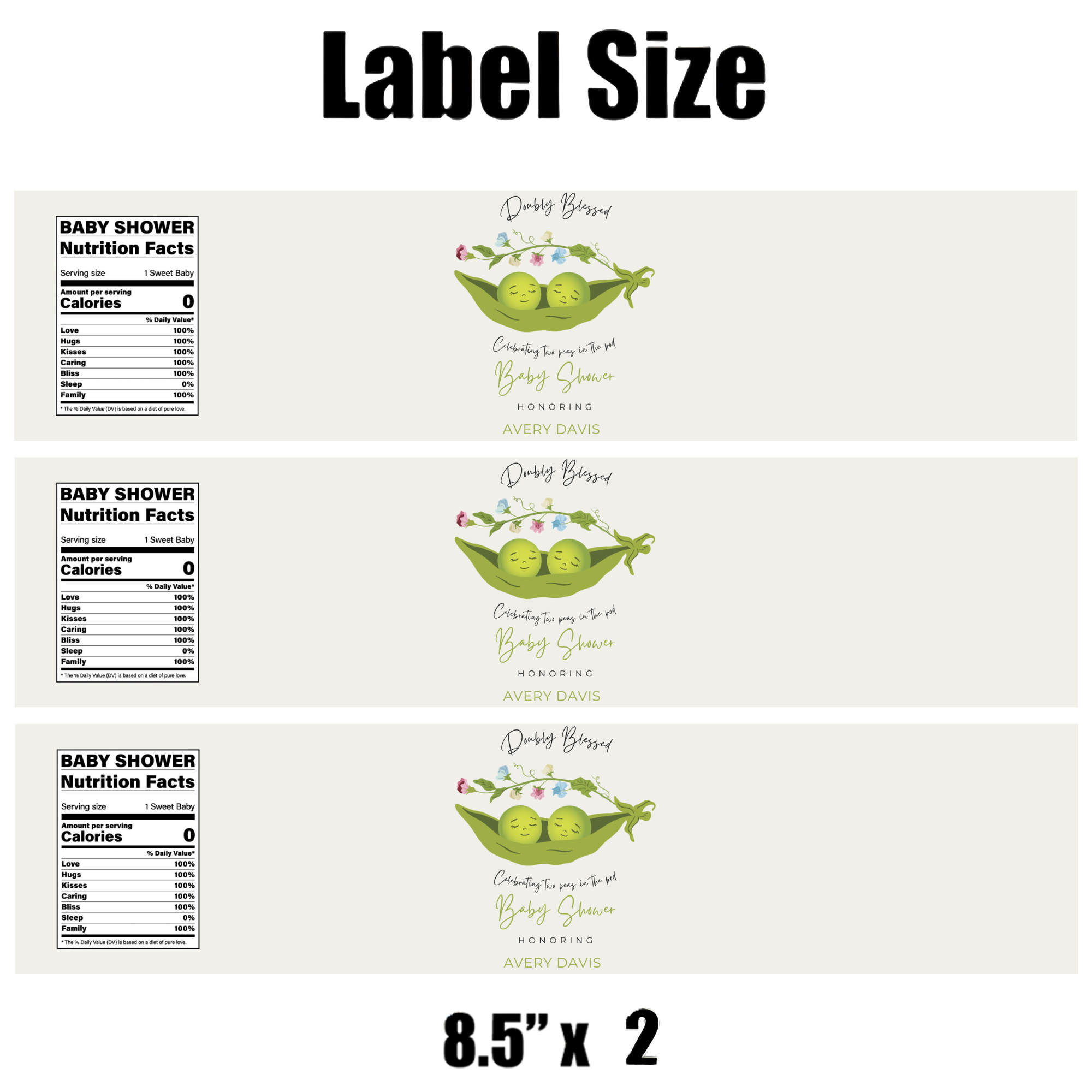 Doubly Bless Twin Baby Shower Water Bottle Labels | Personalized Name | Sweet Pea Theme | Baby Shower Decor | Party Drink Labels