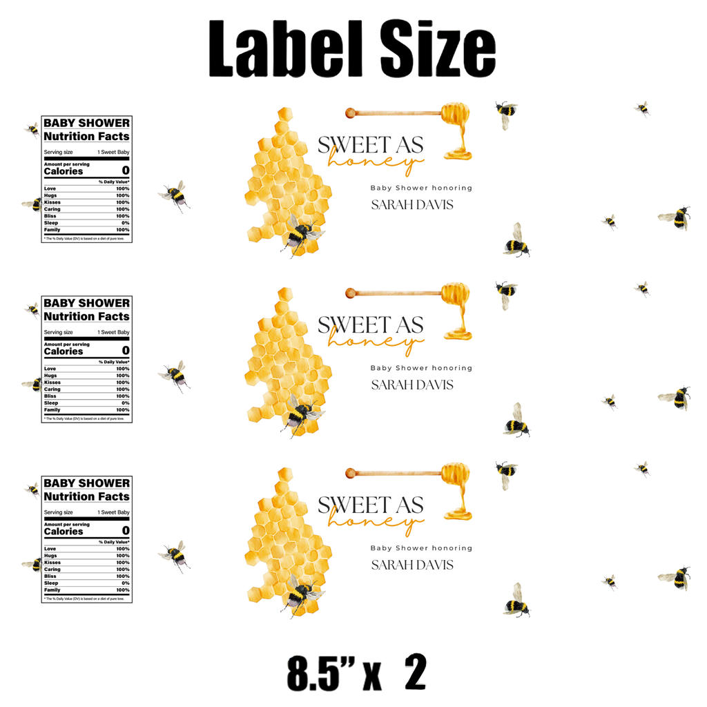 Sweet As Honey | Bumble Bee Baby Shower Water Bottle Labels | Custom Name | Set of 12 | Baby Shower Favors | Drink Wraps