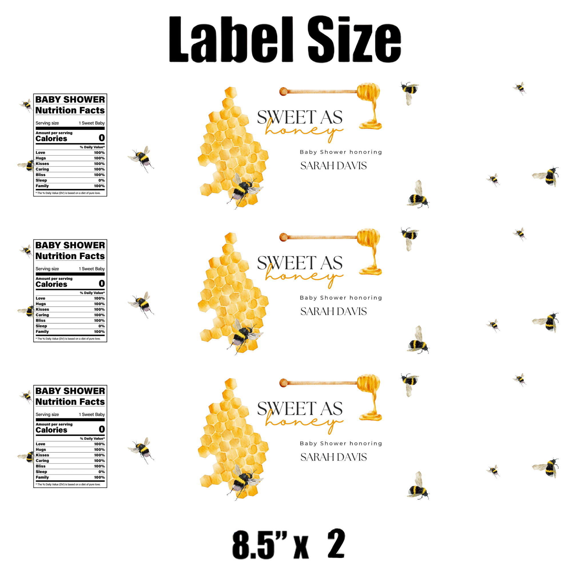 Sweet As Honey | Bumble Bee Baby Shower Water Bottle Labels | Custom Name | Set of 12 | Baby Shower Favors | Drink Wraps