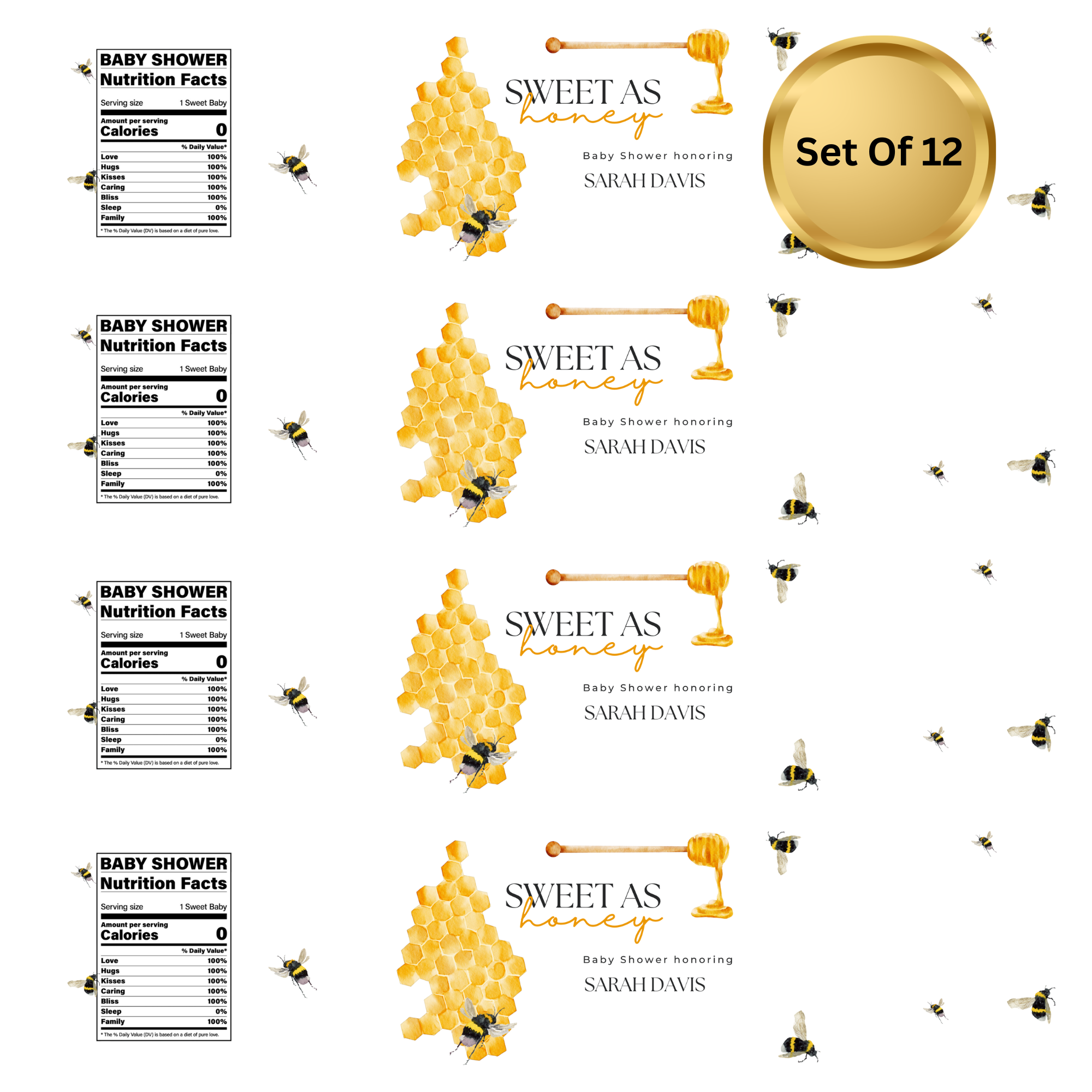 Sweet As Honey | Bumble Bee Baby Shower Water Bottle Labels | Custom Name | Set of 12 | Baby Shower Favors | Drink Wraps