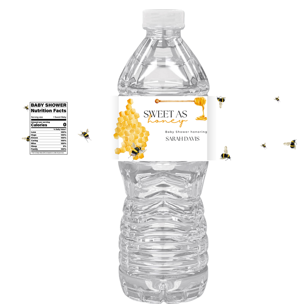 Sweet As Honey | Bumble Bee Baby Shower Water Bottle Labels | Custom Name | Set of 12 | Baby Shower Favors | Drink Wraps