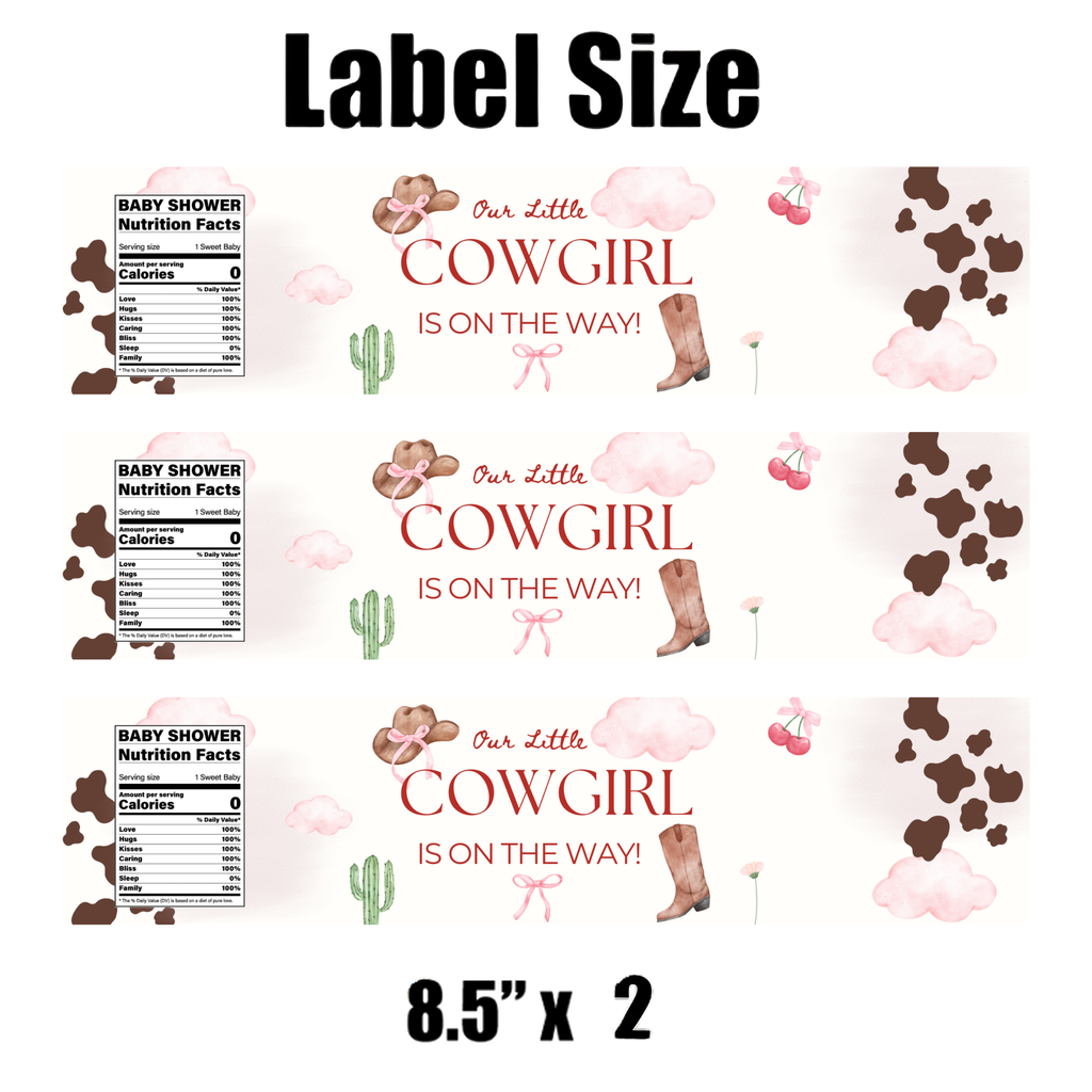 Our Little Cowgirl Is On The Way Water Bottle Labels | Cowgirl Baby Shower Theme | Fun Nutrition Facts Panel | 12 PCS | Glossy