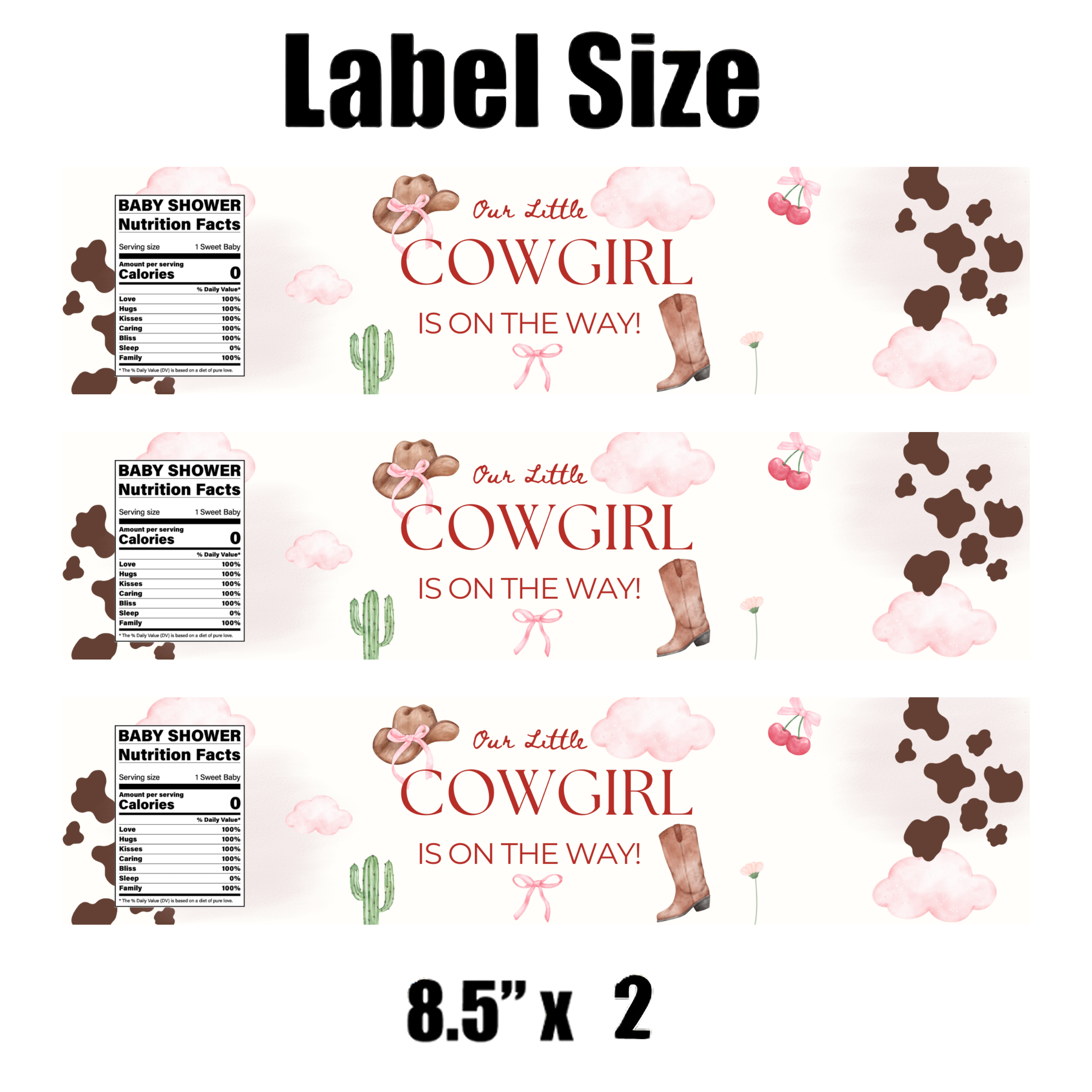 Our Little Cowgirl Is On The Way Water Bottle Labels | Cowgirl Baby Shower Theme | Fun Nutrition Facts Panel | 12 PCS | Glossy