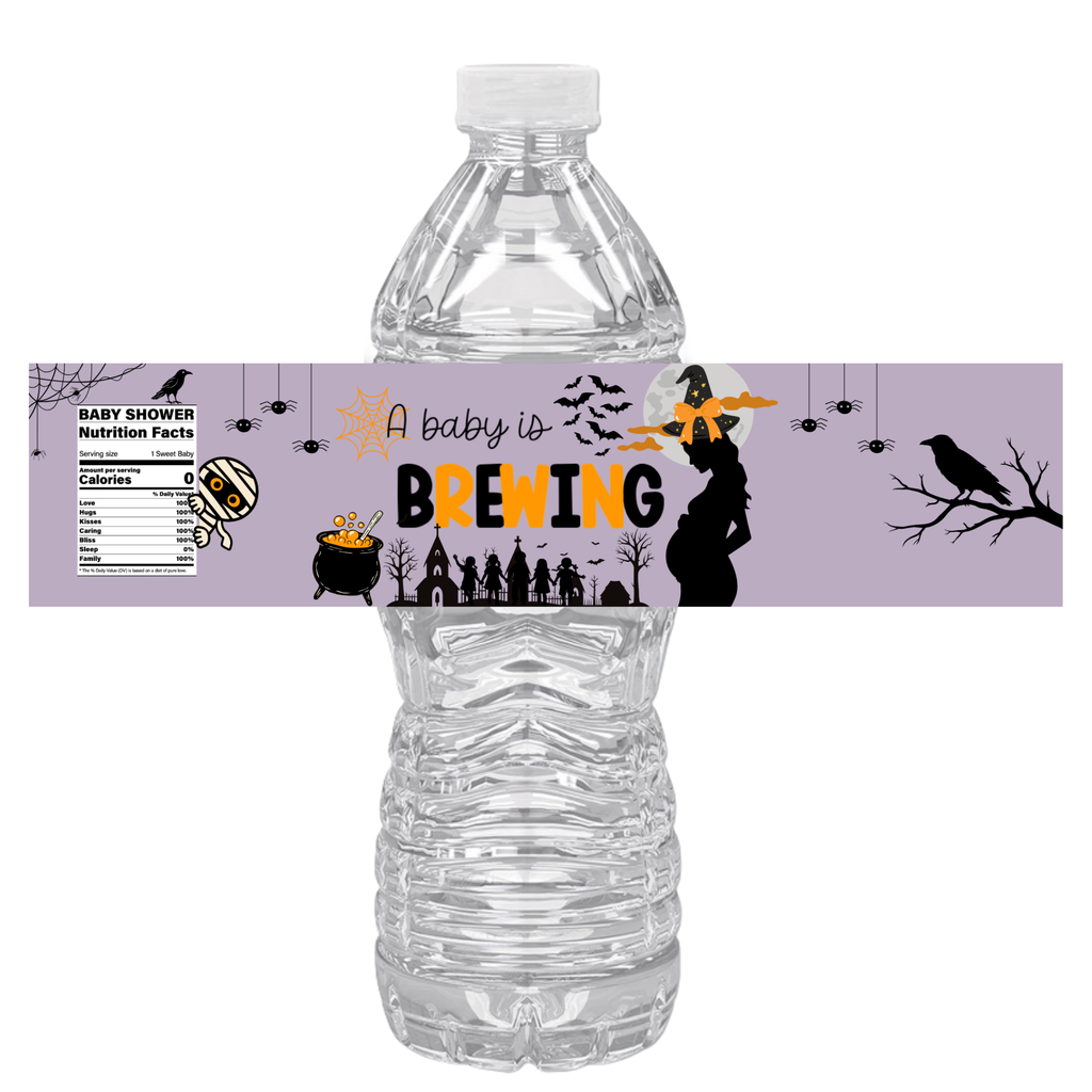 A Baby Is Brewing Water Bottle Labels |Purple Spooky Scene| Set of 12| Glossy| 8.5 x 2