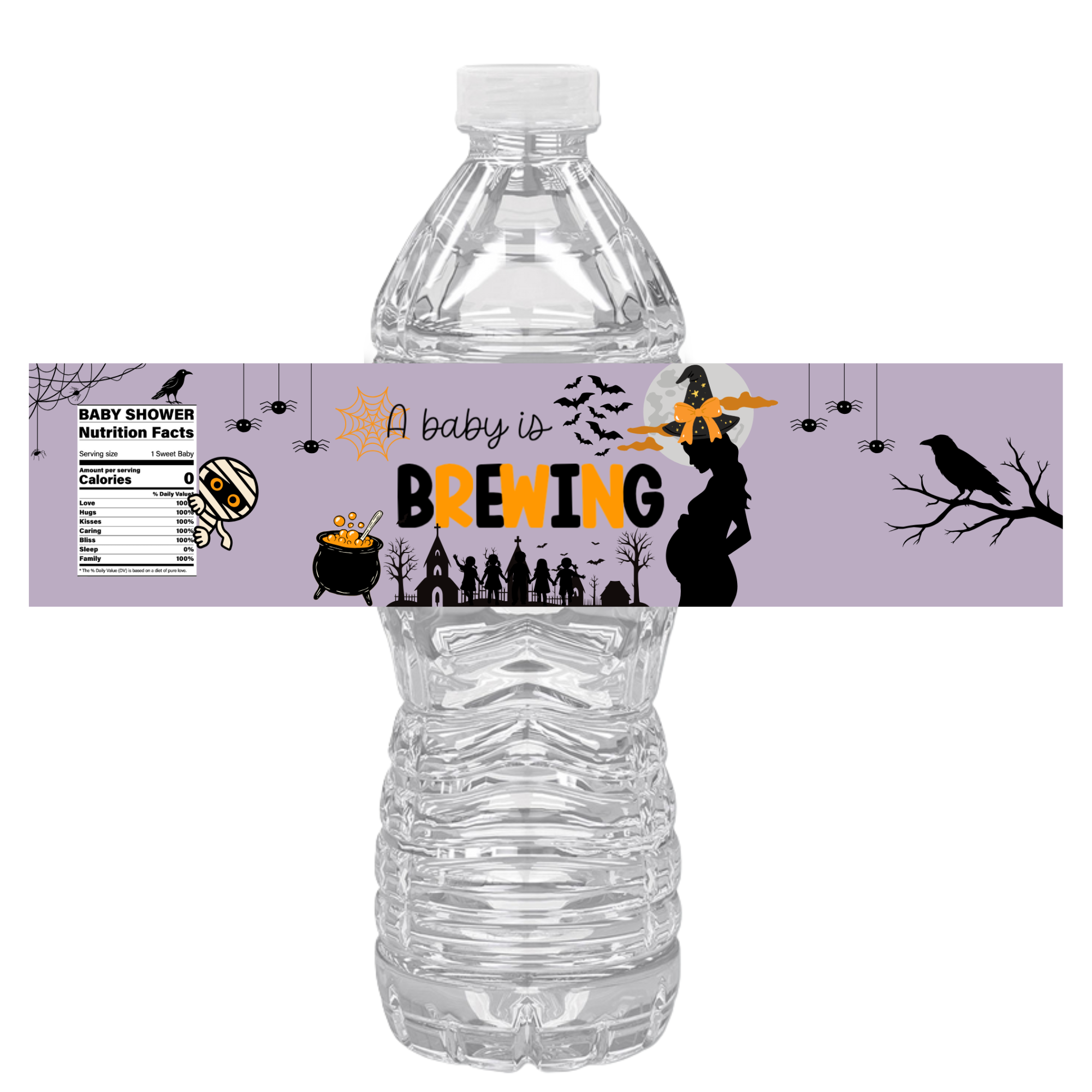 A Baby Is Brewing Water Bottle Labels |Purple Spooky Scene| Set of 12| Glossy| 8.5 x 2