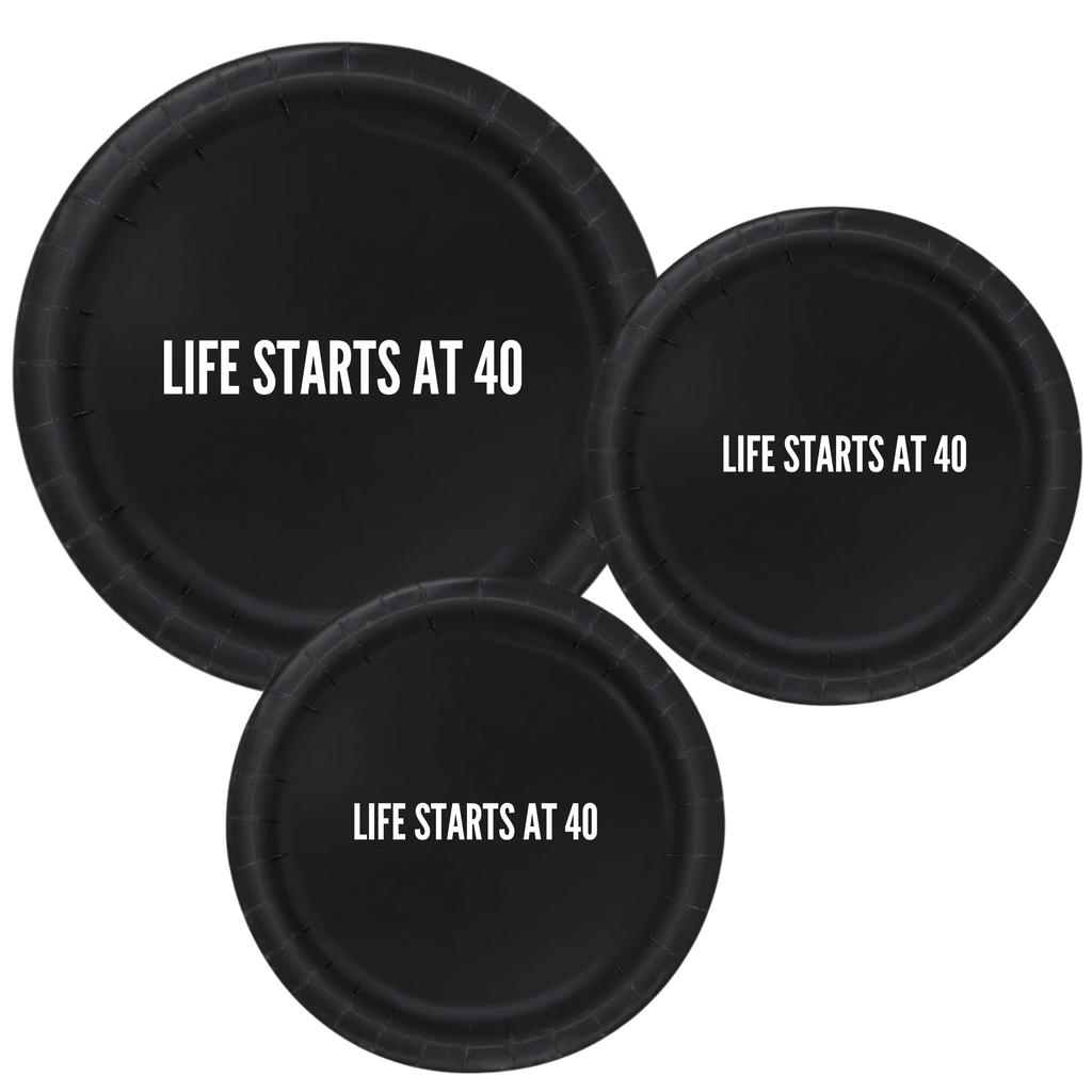 Life Starts at 40 Birthday Tableware Set | Black Plates with White Lettering | 40th Birthday Plates Cups & Napkins | 60 Piece