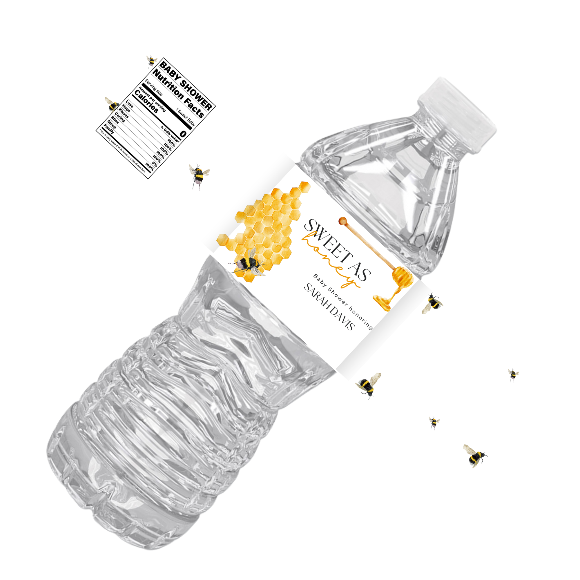 Sweet As Honey | Bumble Bee Baby Shower Water Bottle Labels | Custom Name | Set of 12 | Baby Shower Favors | Drink Wraps