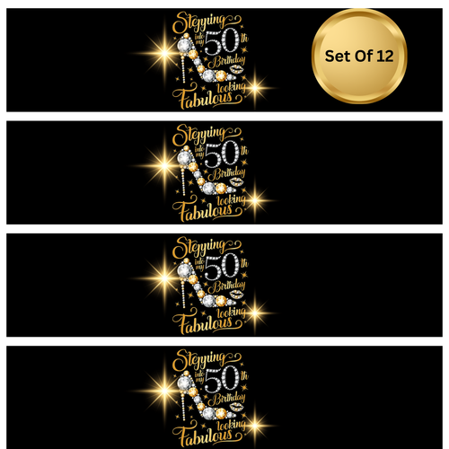 50th Birthday Party Water Bottle Labels | Set Of 12 | Stepping Into My 50th Birthday Looking Fabulous | Milestone Celebration Drink Wraps