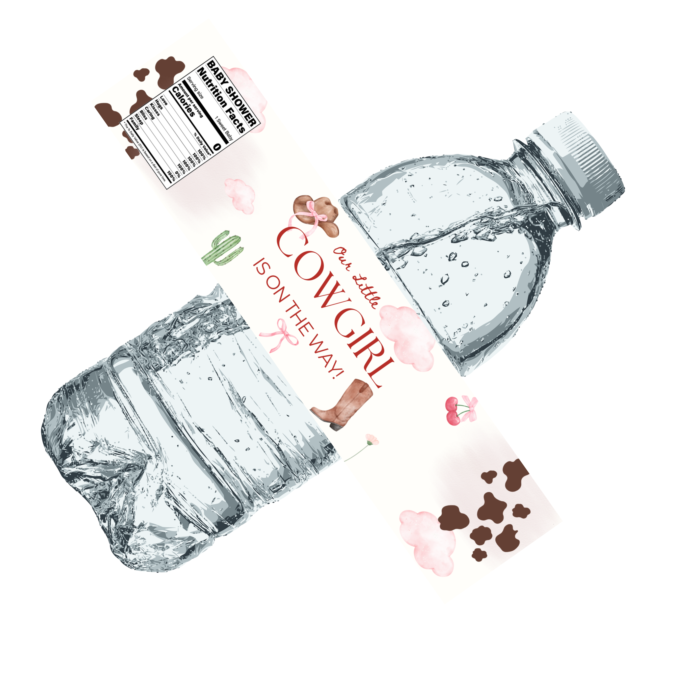 Our Little Cowgirl Is On The Way Water Bottle Labels | Cowgirl Baby Shower Theme | Fun Nutrition Facts Panel | 12 PCS | Glossy