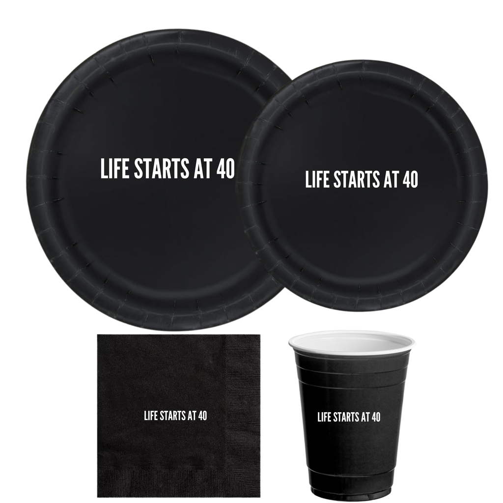 Life Starts at 40 Birthday Tableware Set | Black Plates with White Lettering | 40th Birthday Plates Cups & Napkins | 60 Piece