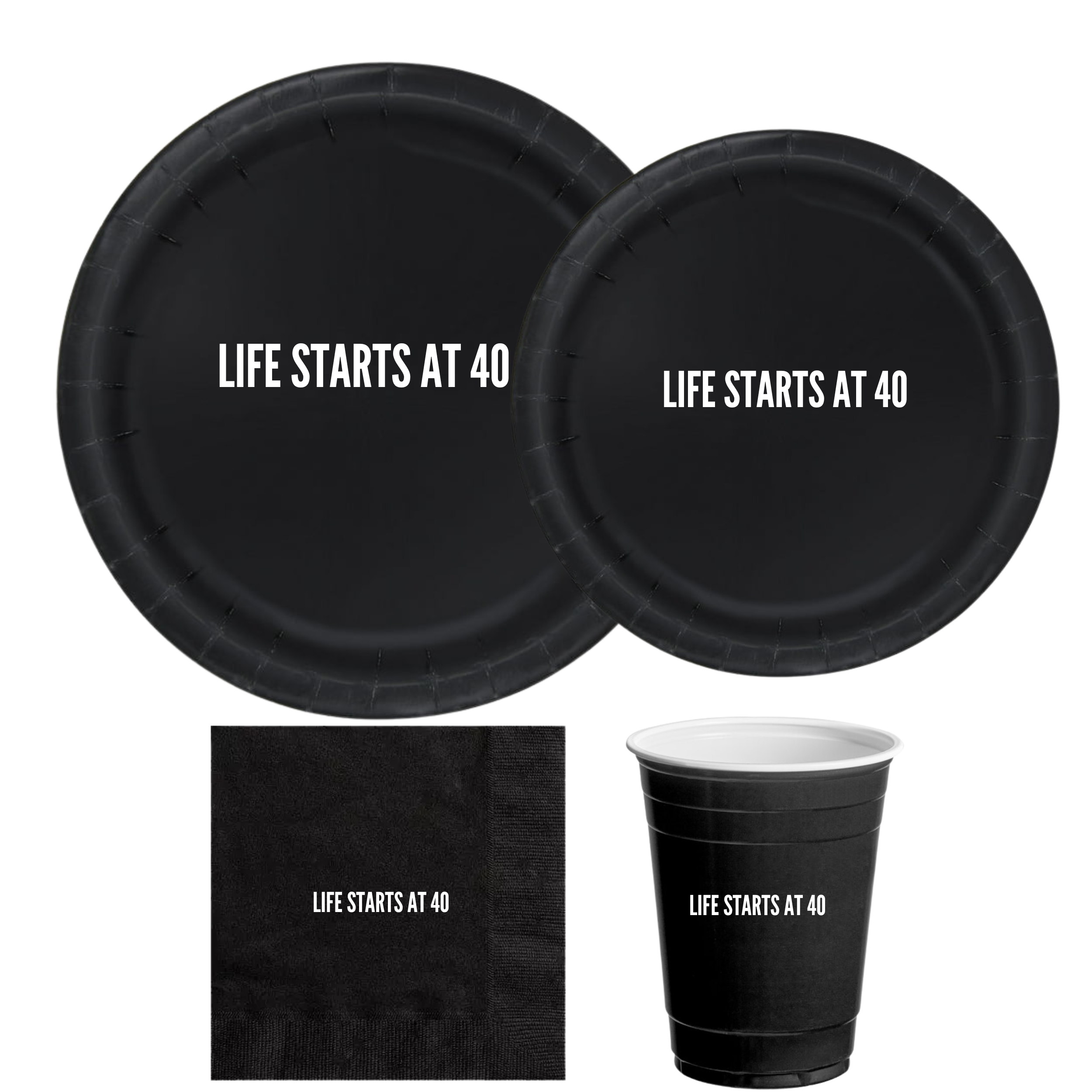Life Starts at 40 Birthday Tableware Set | Black Plates with White Lettering | 40th Birthday Plates Cups & Napkins | 60 Piece