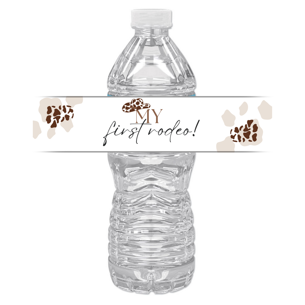 My First Rodeo Water Bottle Labels | Cowboy Western Design | 12 PCS | Glossy | Waterproof | Durable | Cow Print