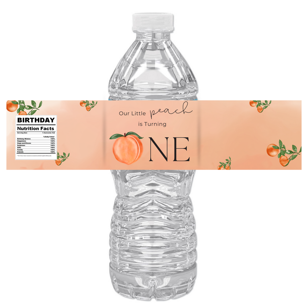 Our Little Peach Is Turning One Water Bottle Labels | 1st Birthday Peach Theme | Sweet Peach Design | 12 PCS | Glossy