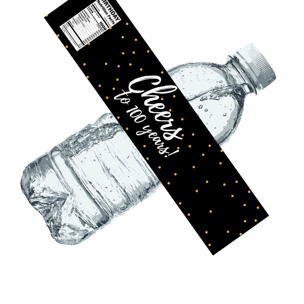 Cheers To 100 Years Birthday Party Water Bottle Labels | Milestone Celebration Decor | Birthday Drink Labels | Elegant Set of 12