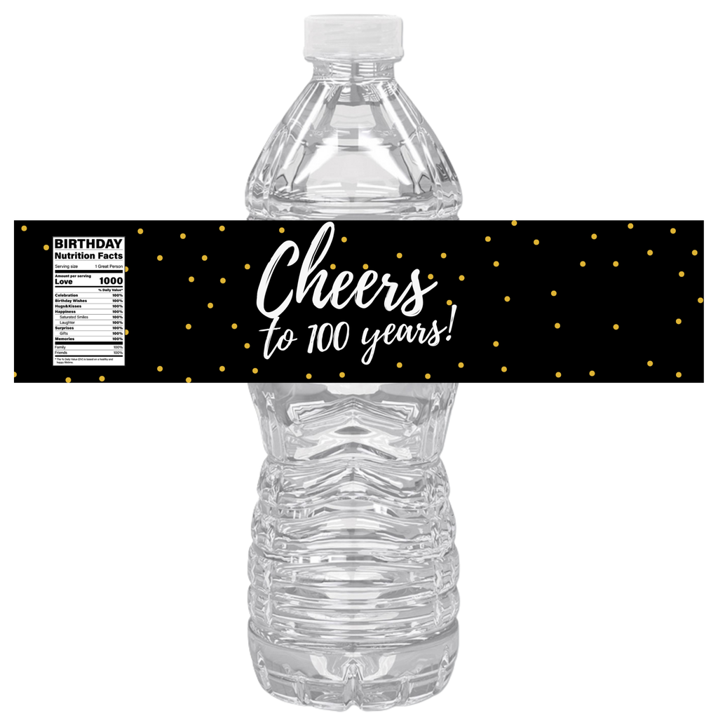 Cheers To 100 Years Birthday Party Water Bottle Labels | Milestone Celebration Decor | Birthday Drink Labels | Elegant Set of 12
