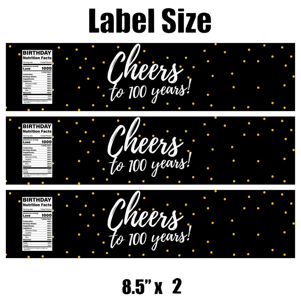 Cheers To 100 Years Birthday Party Water Bottle Labels | Milestone Celebration Decor | Birthday Drink Labels | Elegant Set of 12