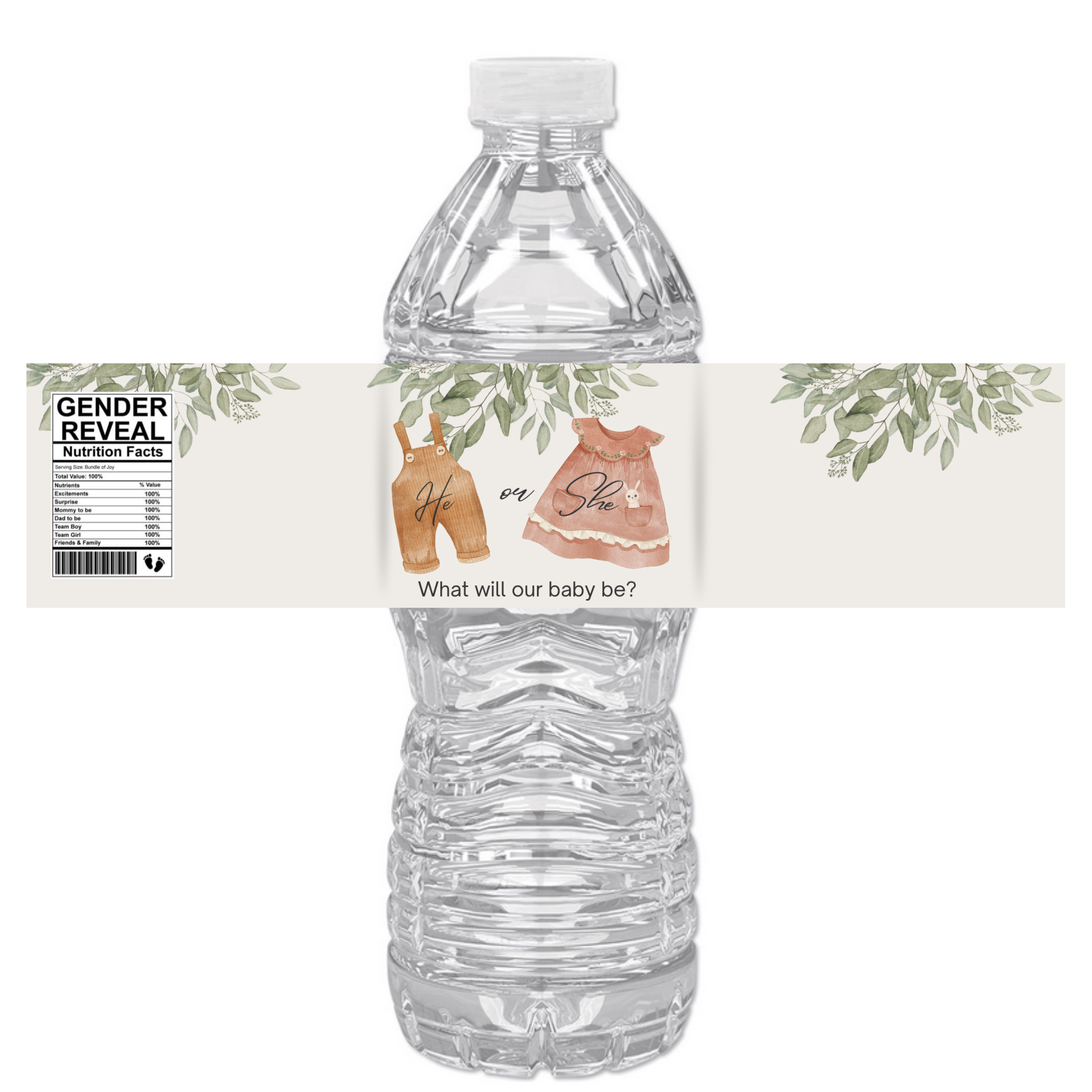 He or She What Will Our Baby Be Water Bottle Labels | Gender Reveal Party Theme | Baby Boy Girl Clothing Design | 12 PCS