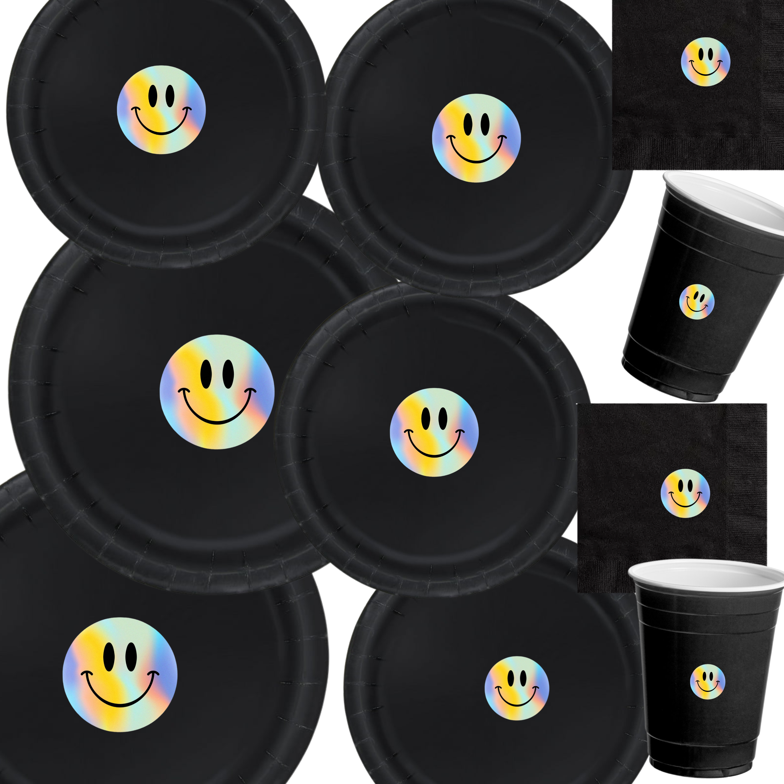 Holographic Smile Party | Disposable Plates Set | Happy Birthday Decor | Shimmer Face Theme | Matching Party Supplies