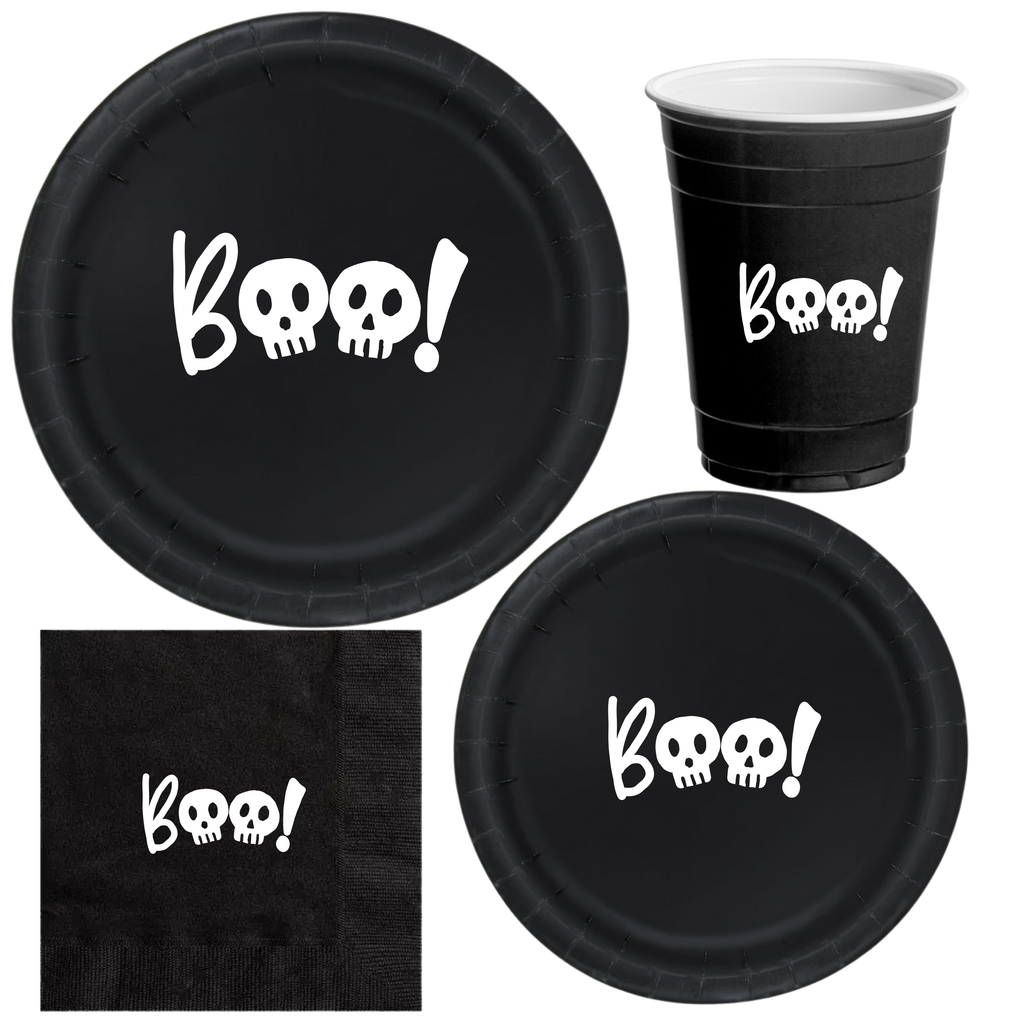 Boo Halloween Party Tableware Set |Skeleton Head Design | Dinner Plates Dessert Plates Cups & Napkins | 60 Piece