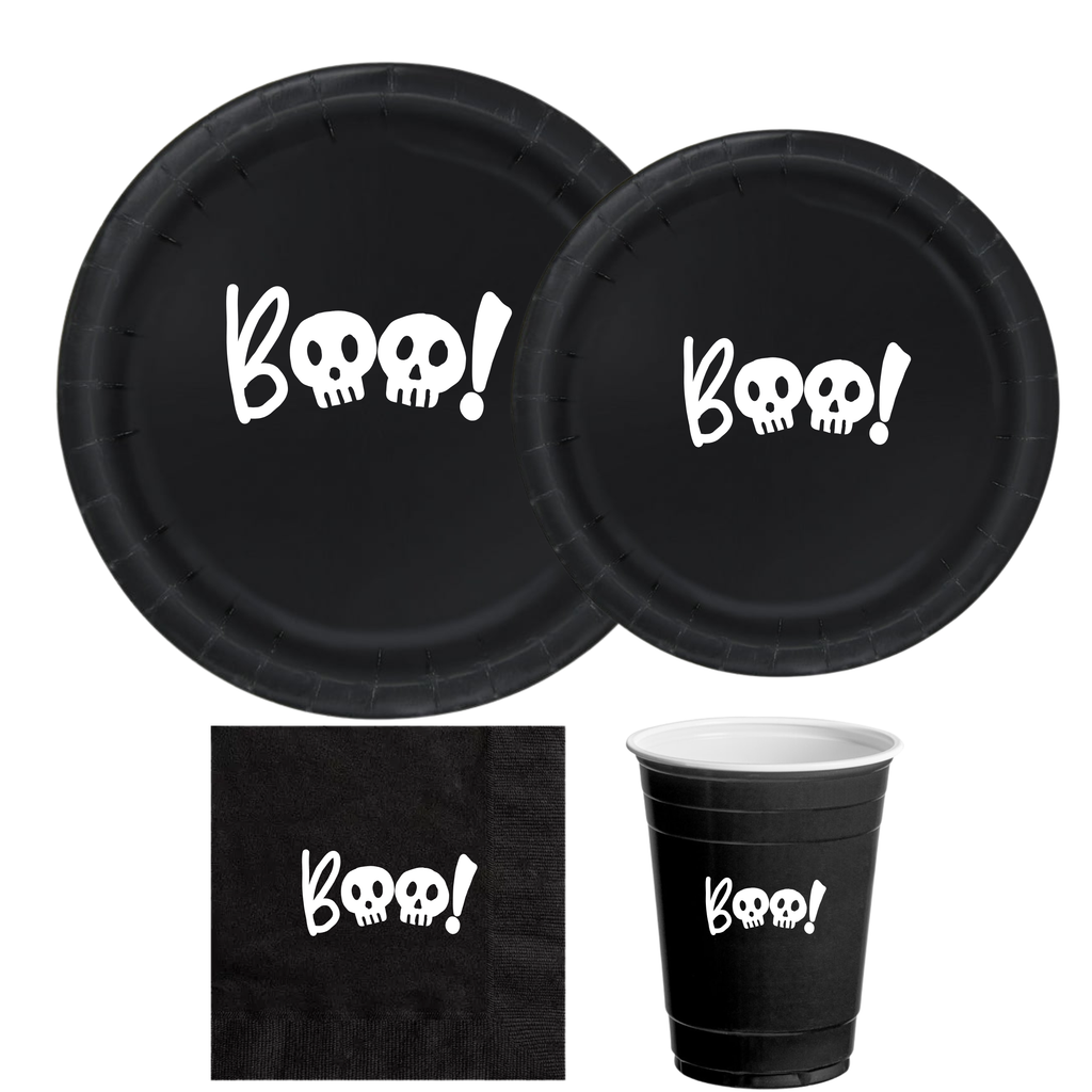 Boo Halloween Party Tableware Set |Skeleton Head Design | Dinner Plates Dessert Plates Cups & Napkins | 60 Piece