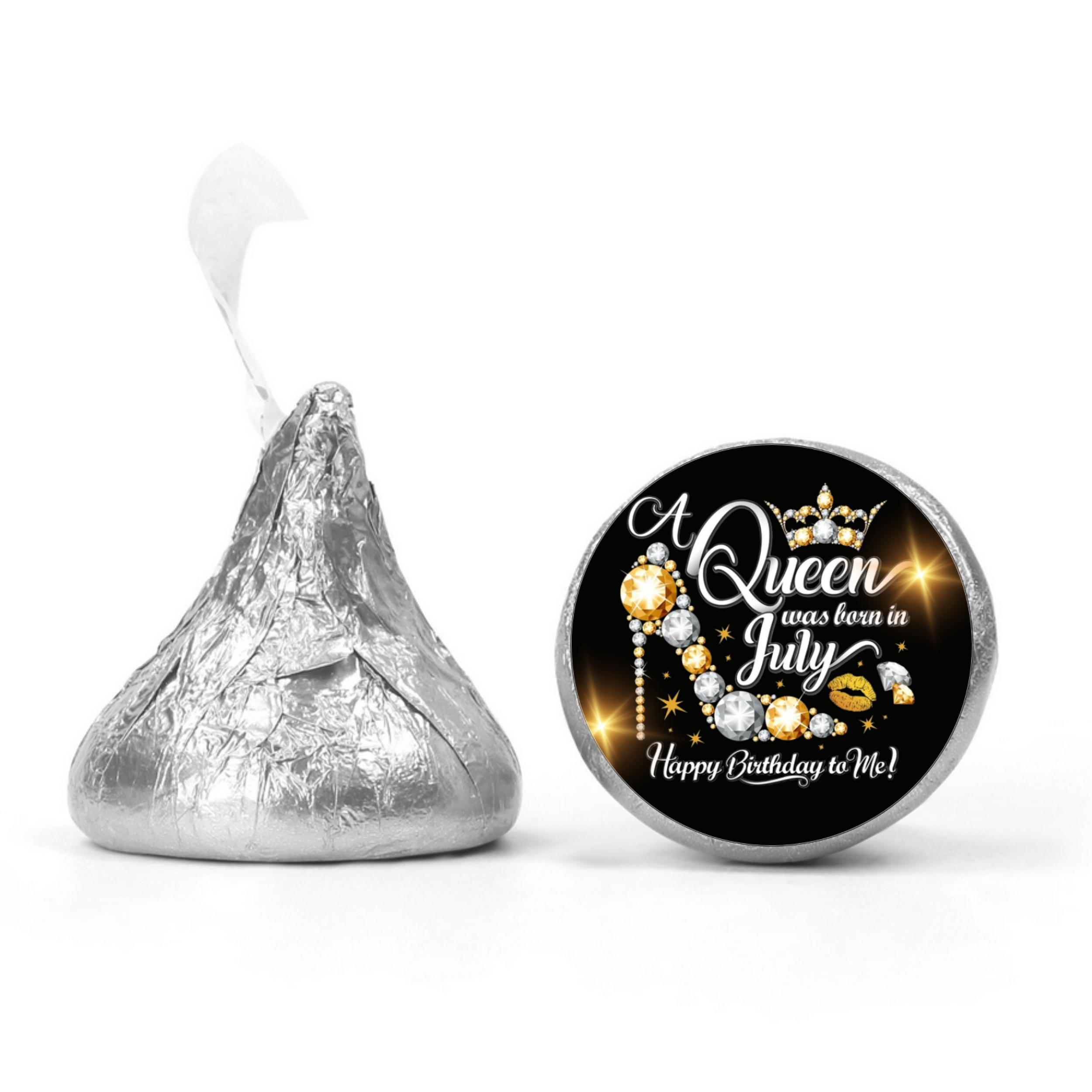 July Birthday Queen | Mini Kiss Labels | Chocolate Candy Stickers |Set of 100 | High Heel Theme | Elegant Party Stickers