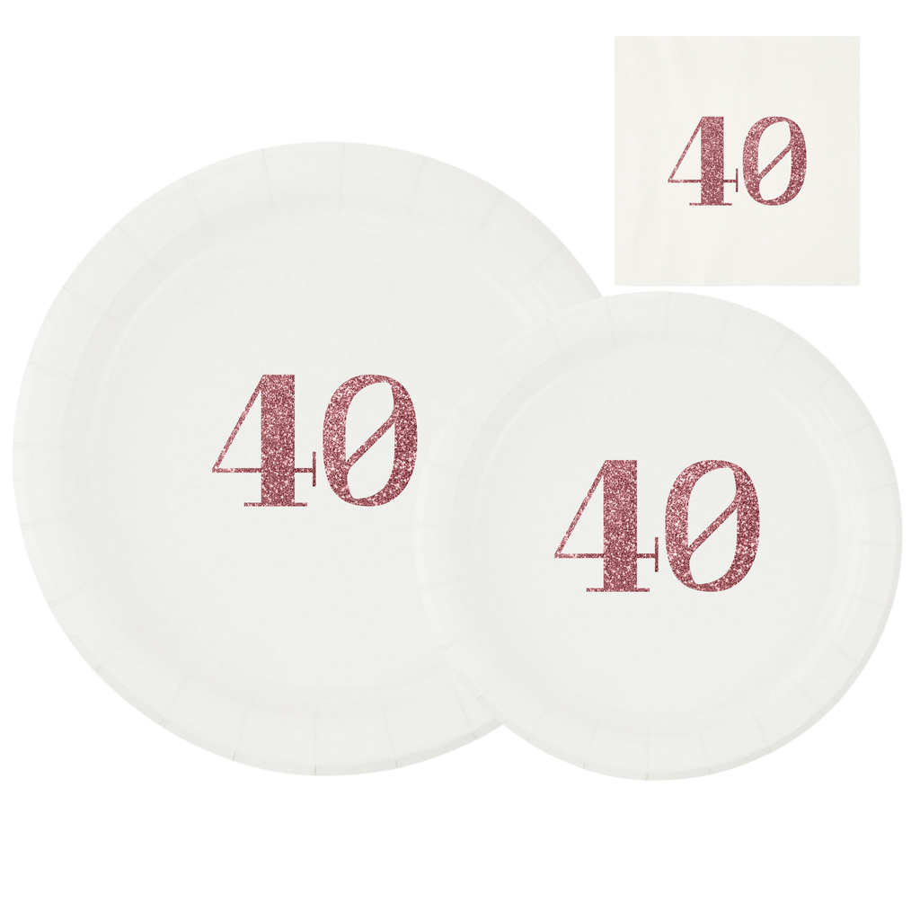 40th Birthday Tableware Set | White Plates with Pink Glitter 40 Font | Elegant Birthday Plates Cups & Napkins | 60 Piece
