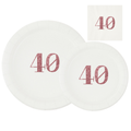 40th Birthday Tableware Set | White Plates with Pink Glitter 40 Font | Elegant Birthday Plates Cups & Napkins | 60 Piece