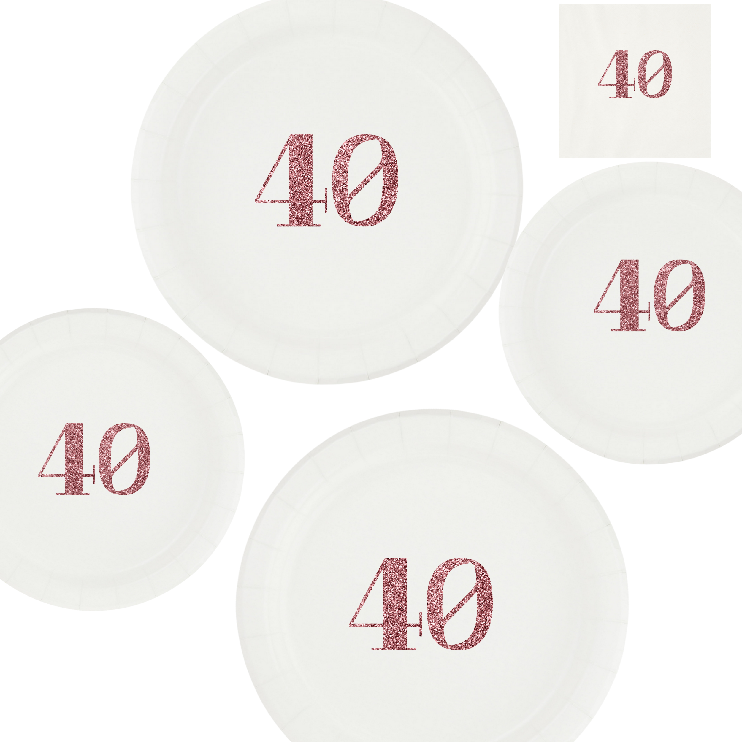 40th Birthday Tableware Set | White Plates with Pink Glitter 40 Font | Elegant Birthday Plates Cups & Napkins | 60 Piece