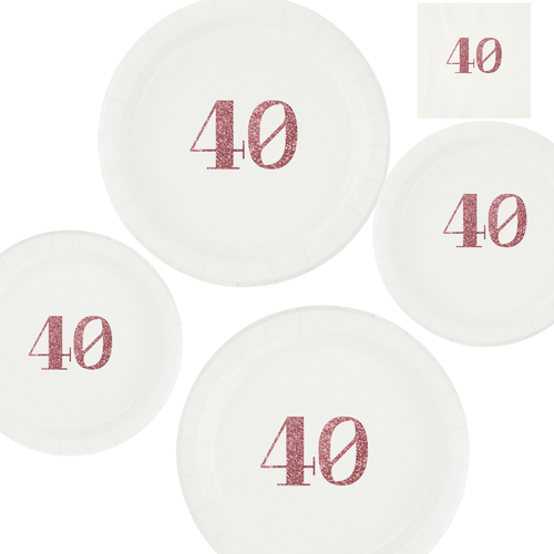 40th Birthday Tableware Set | White Plates with Pink Glitter 40 Font | Elegant Birthday Plates Cups & Napkins | 60 Piece