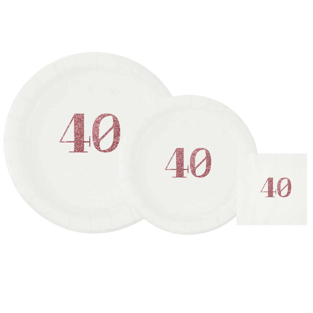 40th Birthday Tableware Set | White Plates with Pink Glitter 40 Font | Elegant Birthday Plates Cups & Napkins | 60 Piece