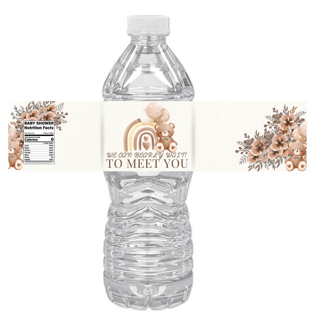 We Can Bearly Wait To Meet You Water Bottle Labels | Teddy Bear Baby Shower Theme | 12 PCS | Glossy