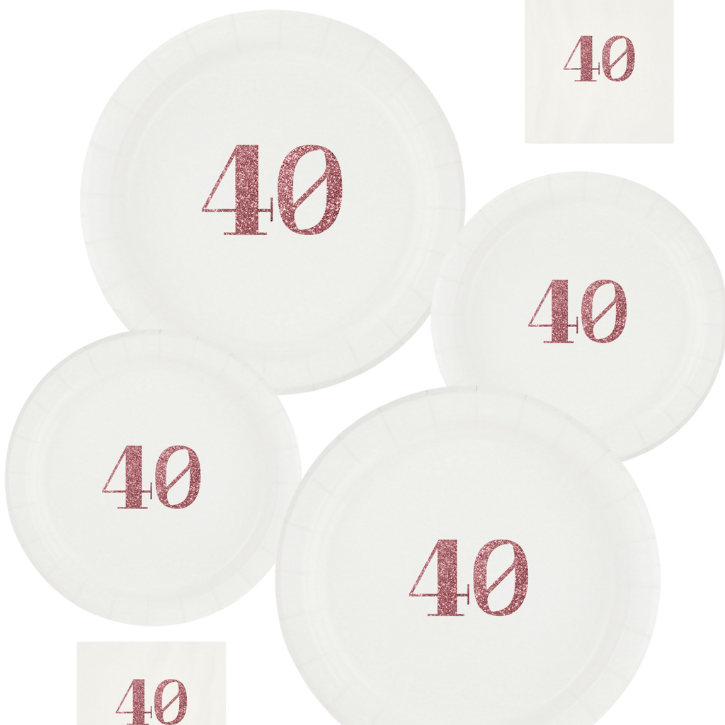 40th Birthday Tableware Set | White Plates with Pink Glitter 40 Font | Elegant Birthday Plates Cups & Napkins | 60 Piece