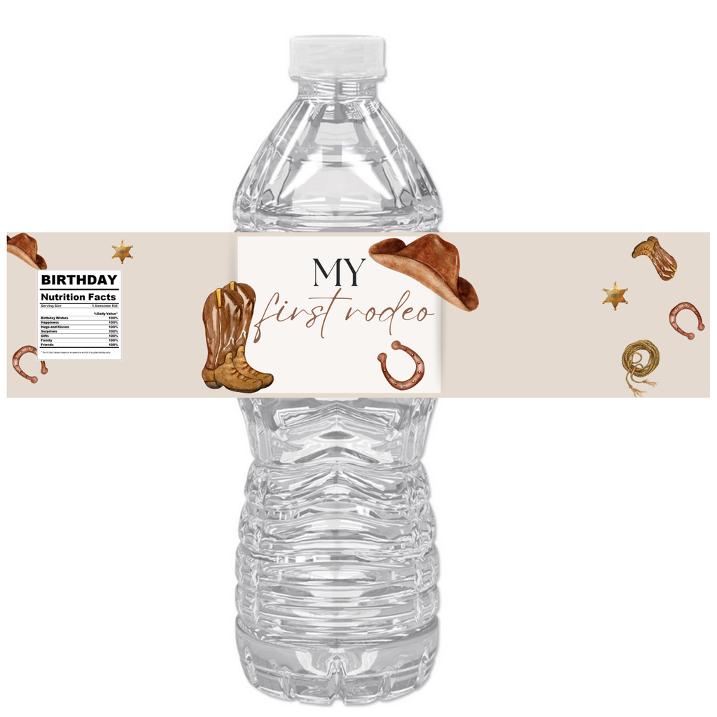 My First Rodeo Water Bottle Labels | 1st Birthday Cowboy Theme | Hats Boots Horses Ropes | 12 PCS | Glossy