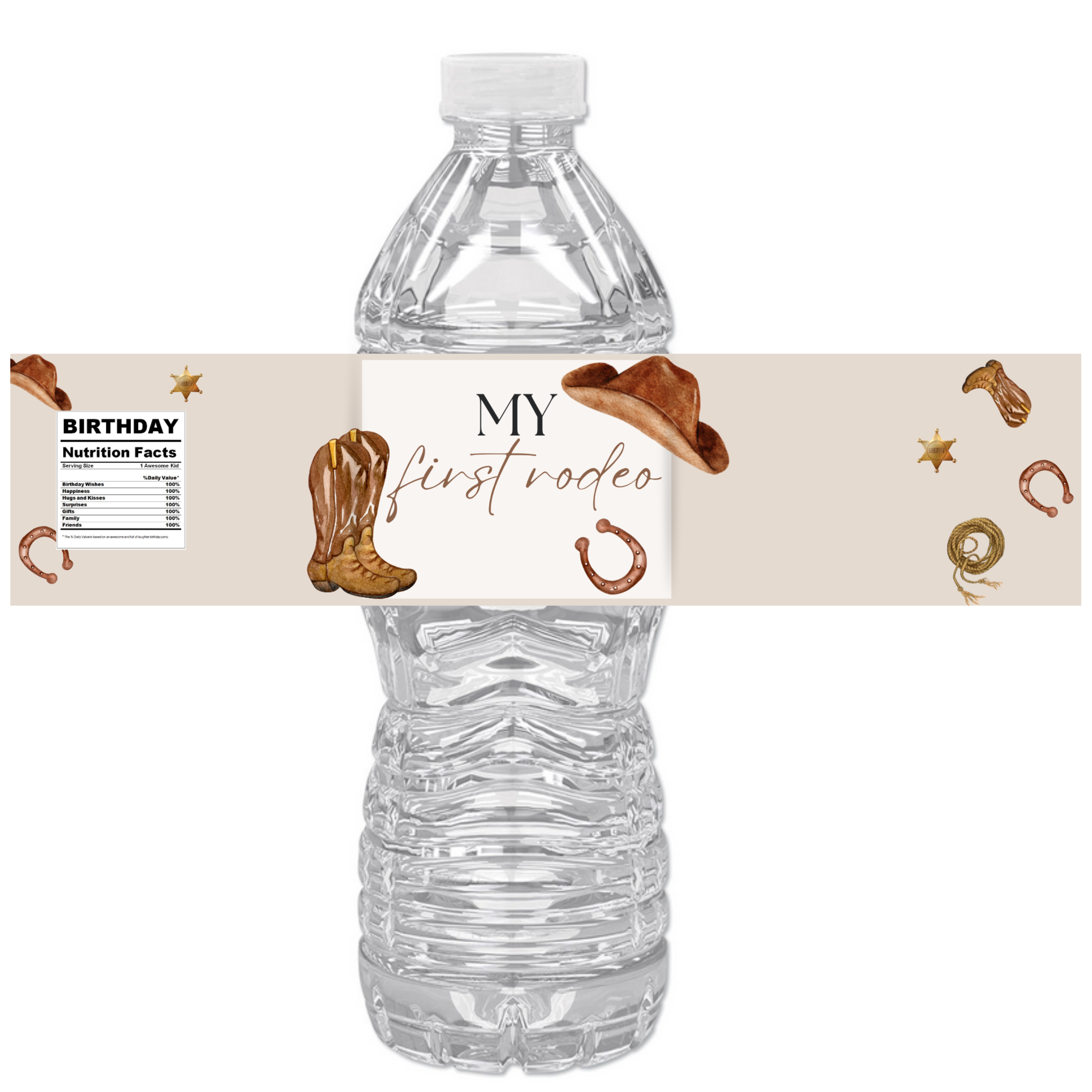 My First Rodeo Water Bottle Labels | 1st Birthday Cowboy Theme | Hats Boots Horses Ropes | 12 PCS | Glossy