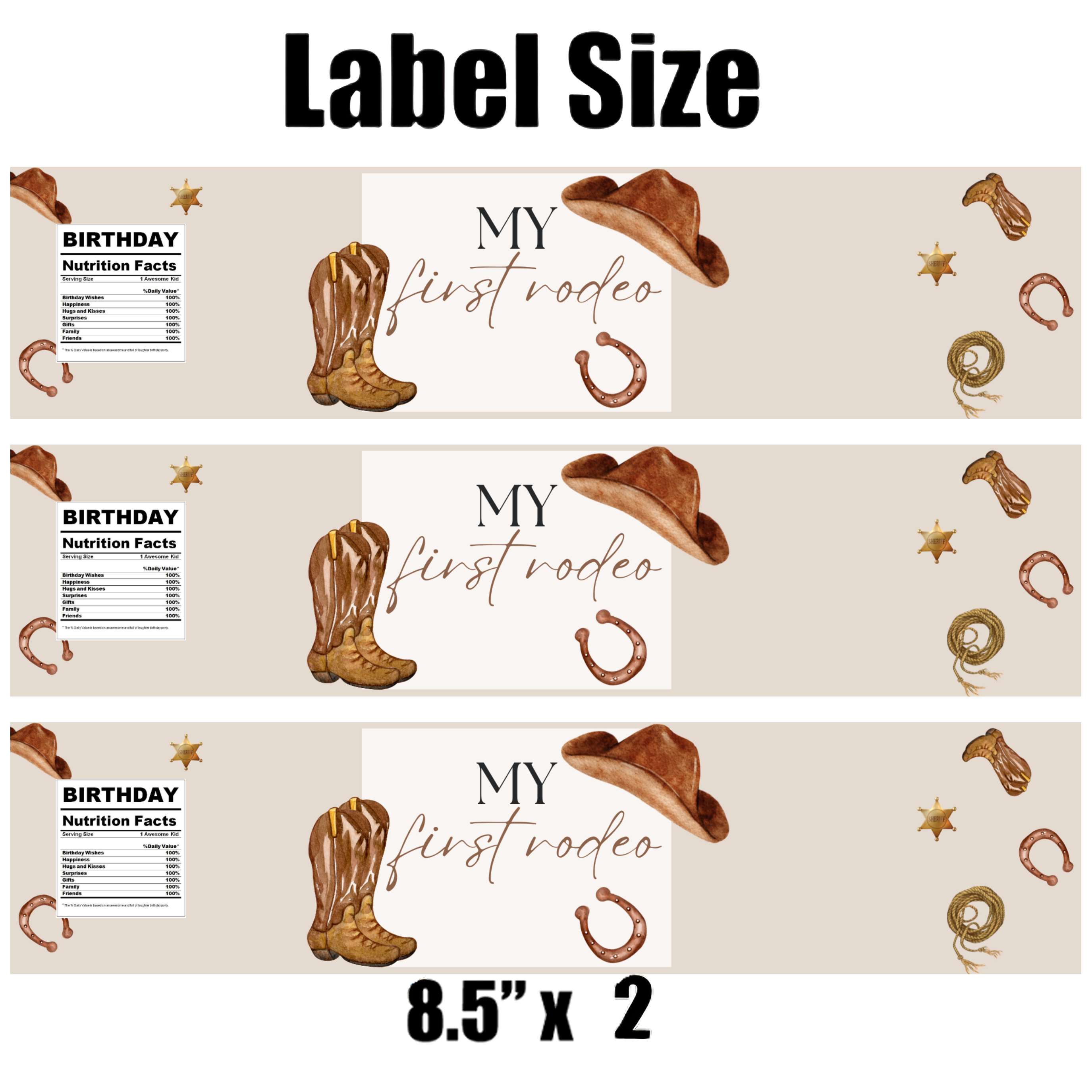 My First Rodeo Water Bottle Labels | 1st Birthday Cowboy Theme | Hats Boots Horses Ropes | 12 PCS | Glossy