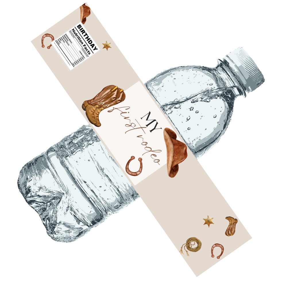 My First Rodeo Water Bottle Labels | 1st Birthday Cowboy Theme | Hats Boots Horses Ropes | 12 PCS | Glossy