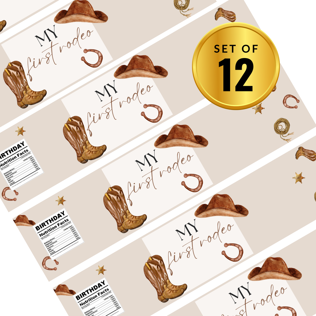 My First Rodeo Water Bottle Labels | 1st Birthday Cowboy Theme | Hats Boots Horses Ropes | 12 PCS | Glossy