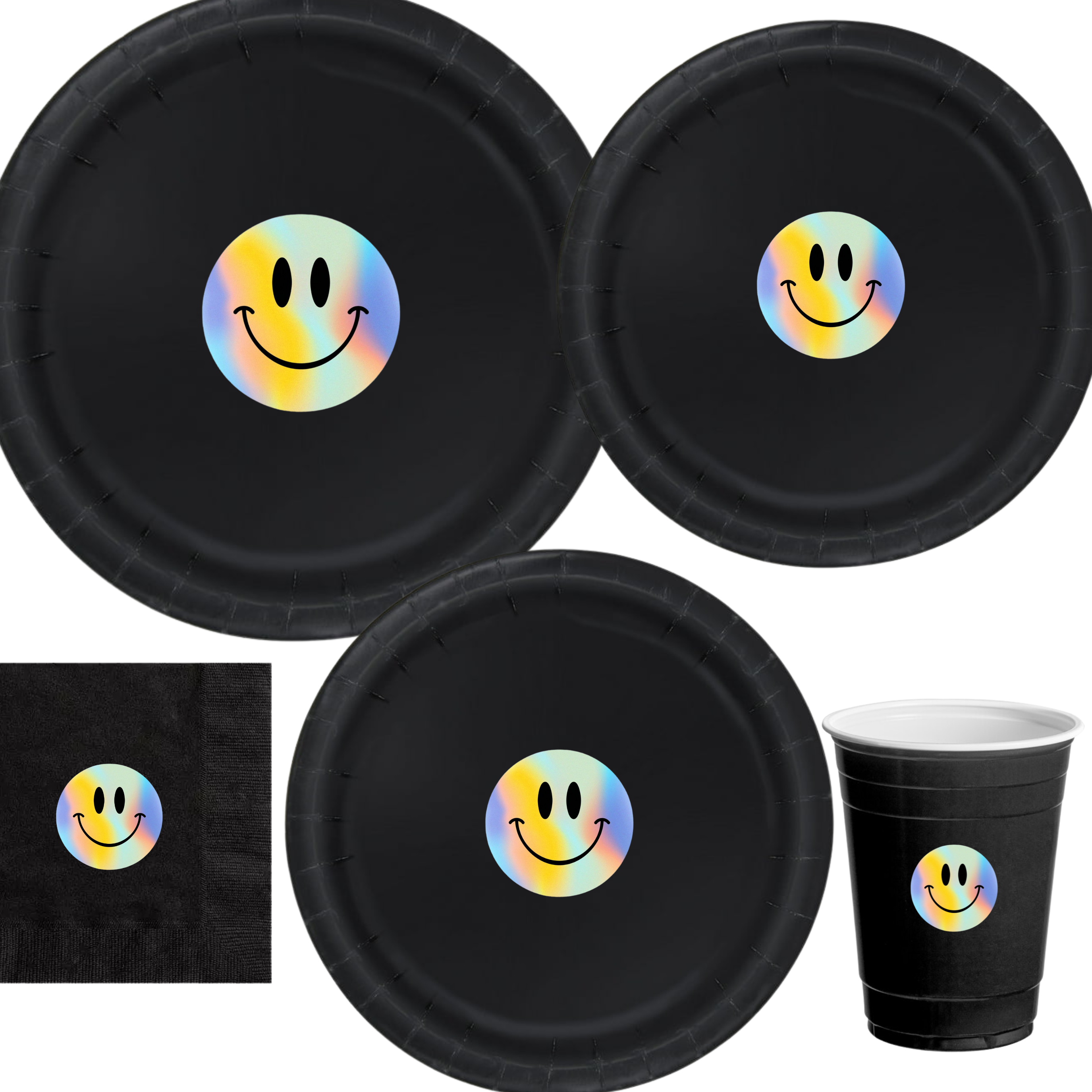 Holographic Smile Party | Disposable Plates Set | Happy Birthday Decor | Shimmer Face Theme | Matching Party Supplies
