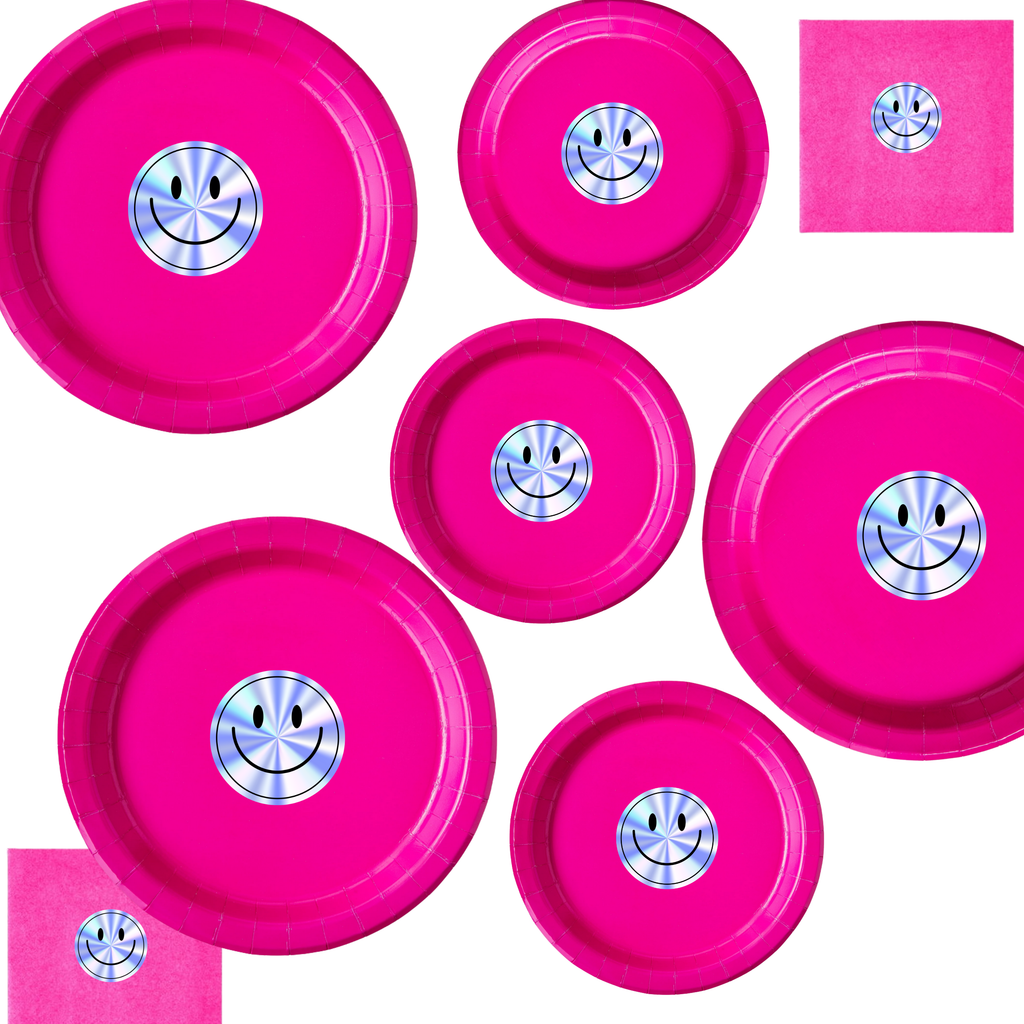 Holographic Smiley Birthday | Disposable Plates Set | Happy Party Decor | Shimmer Face Theme | Matching Table Supplies
