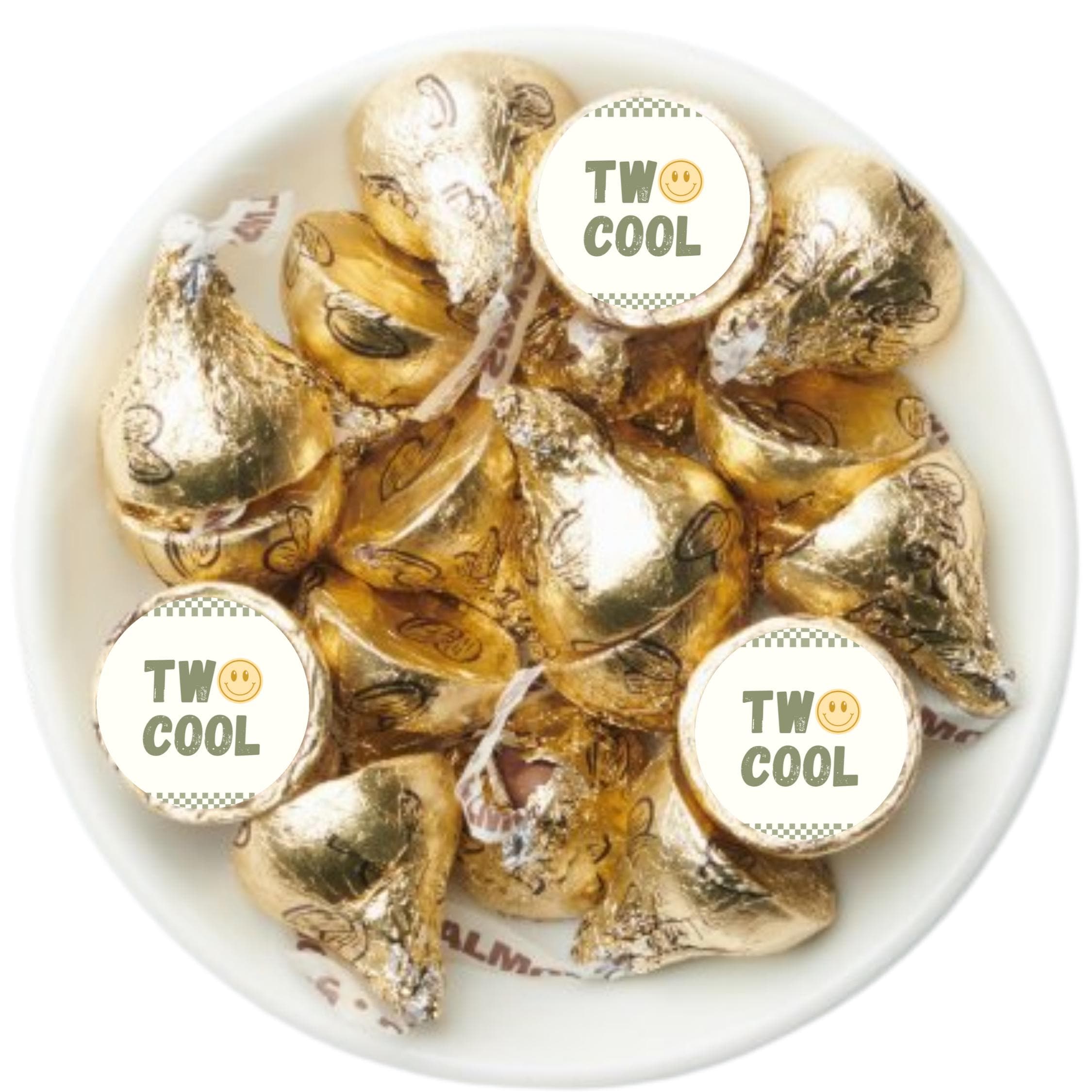 Two Cool Birthday Stickers | 100 Chocolate Candy Kiss Labels | Glossy 0.75in Peel & Stick | Smiley Face