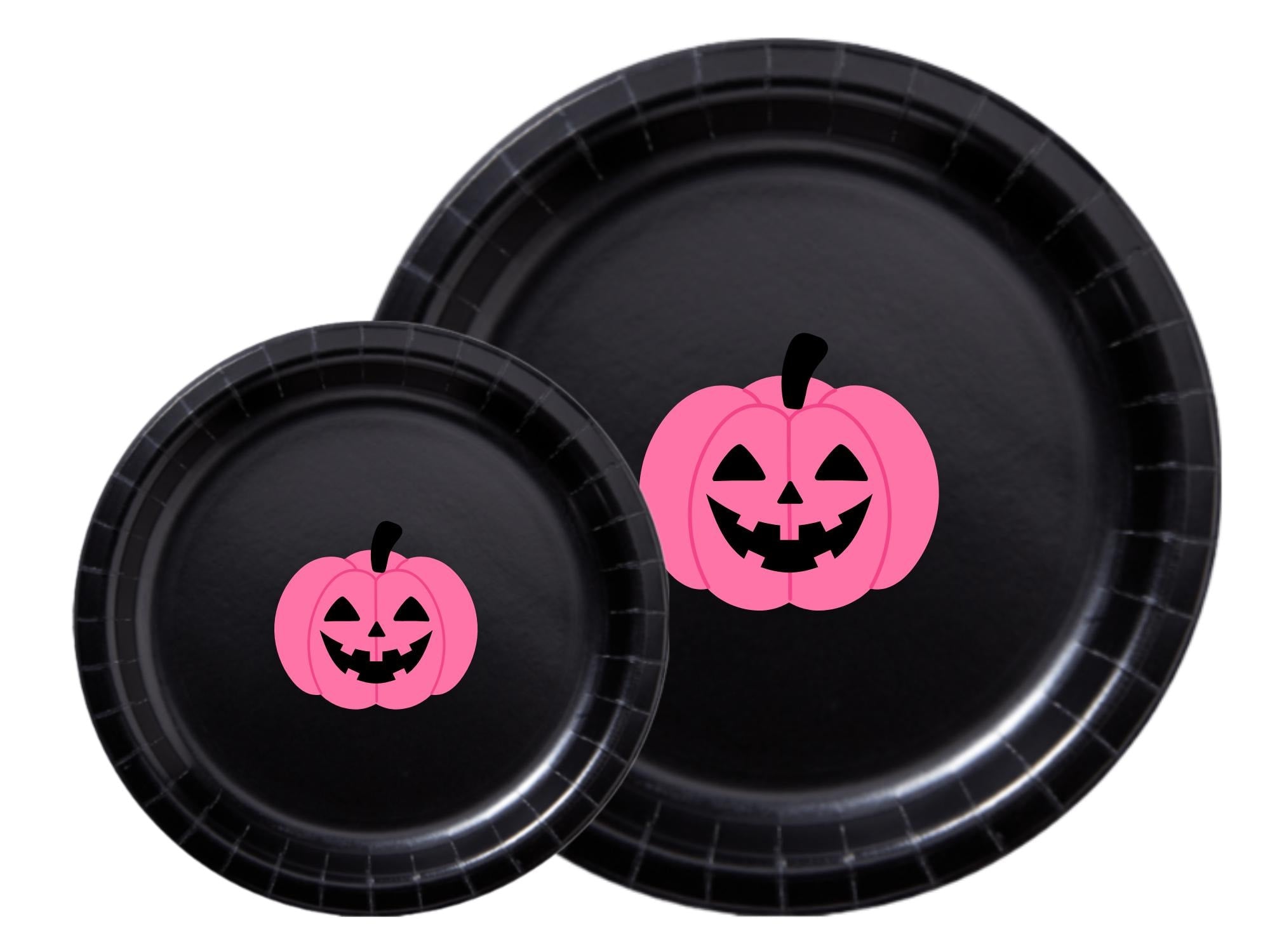 Pink Pumpkin Party Paper Plates Set | Black Halloween Tableware | 40 Piece Kit
