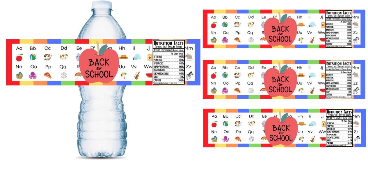 ABC Back to School Bottle Wrappers | Apple Theme Labels | 12 Count |Classroom Party|First Day Celebration