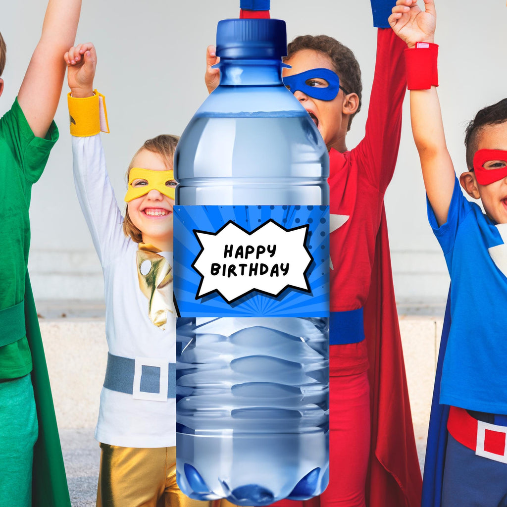 Superhero Birthday Water Bottle Labels | Kids Party Comic Decor | Happy Birthday Bottle Wraps |Glossy