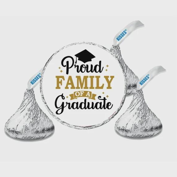 Graduation Party Favors, Proud Family of a Graduate Candy Stickers, Set of 100, White Gold