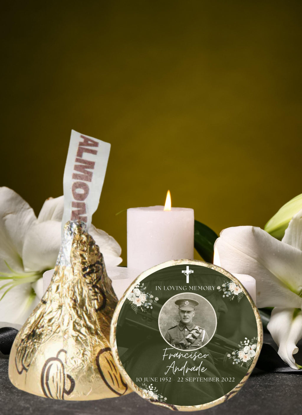 Personalized Military Memorial Candy Kiss Labels | In Loving Memory |100ct|Glossy|Military Tribute| Keepsake candy