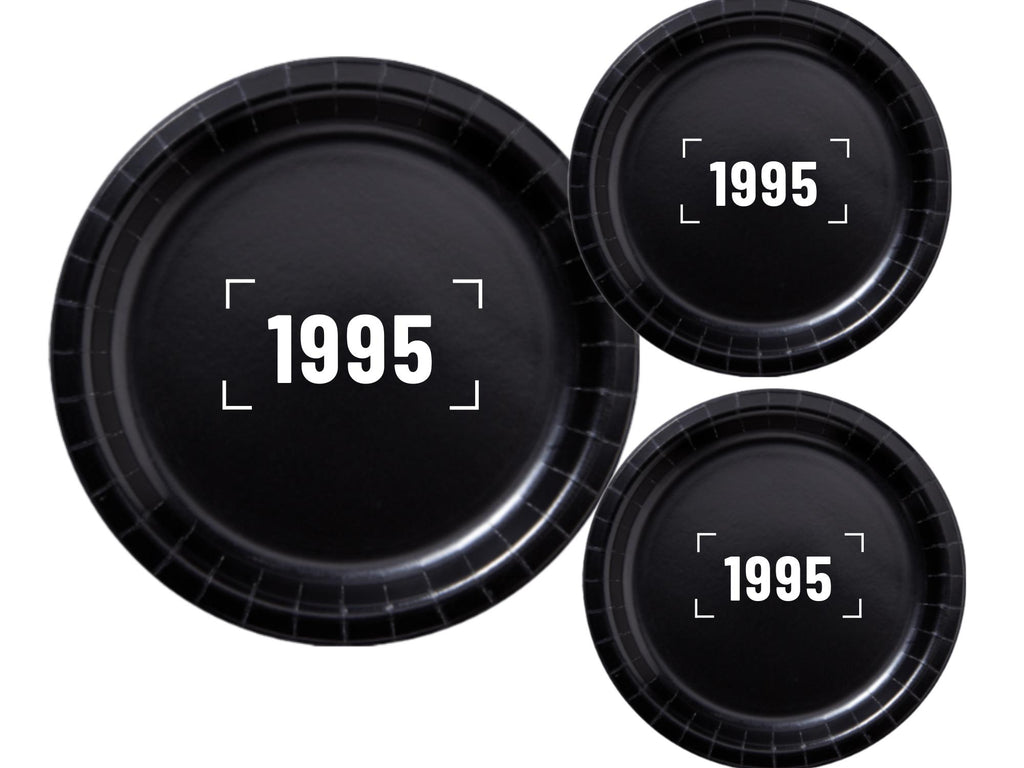 1995 Birthday Party Supplies | Black Paper Plates Set | Retro Celebration Decor