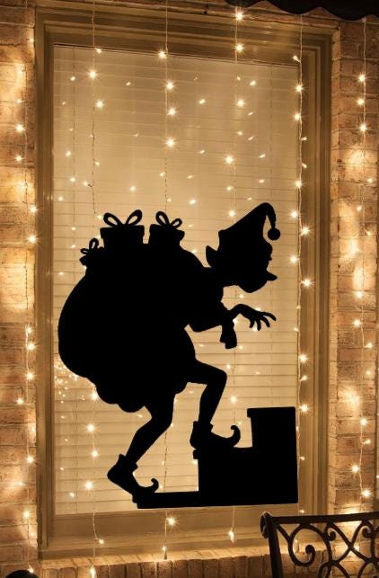 Large Elf Carrying Present Bag Upstairs Window Cling Decal | Reusable| Christmas Decals| Holiday| 15H